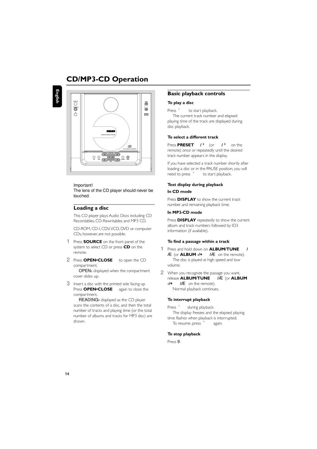 Philips MCM240 owner manual CD/MP3-CD Operation, Loading a disc, Basic playback controls 