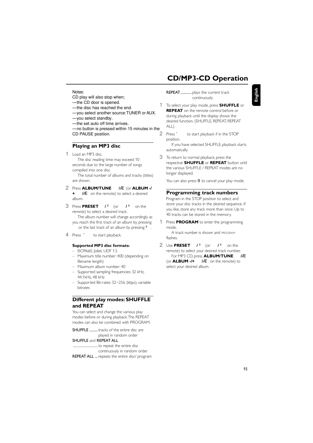 Philips MCM240 owner manual Playing an MP3 disc, Programming track numbers, Different play modes Shuffle and Repeat 