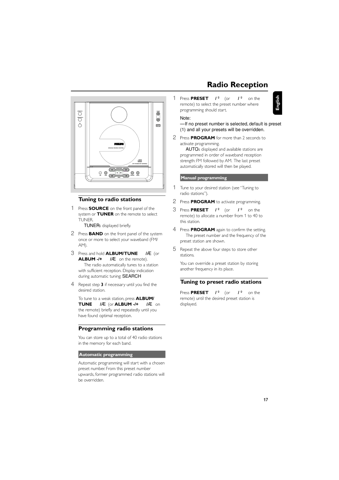 Philips MCM240 Radio Reception, Tuning to radio stations, Programming radio stations, Tuning to preset radio stations 