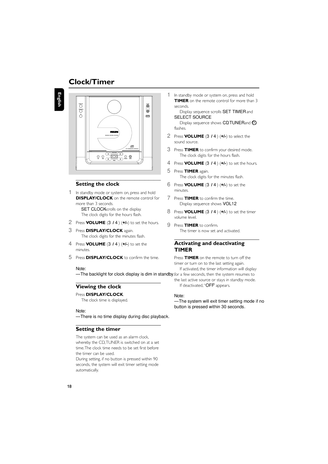 Philips MCM240 Clock/Timer, Setting the clock, Viewing the clock, Activating and deactivating, Setting the timer 