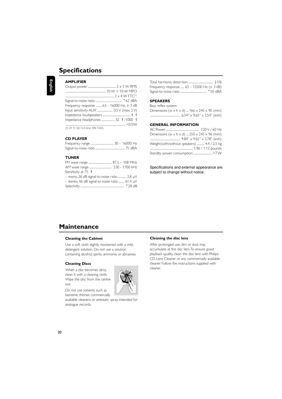 Philips MCM240 owner manual Specifications, Maintenance, Cleaning the Cabinet Cleaning the disc lens, Cleaning Discs 