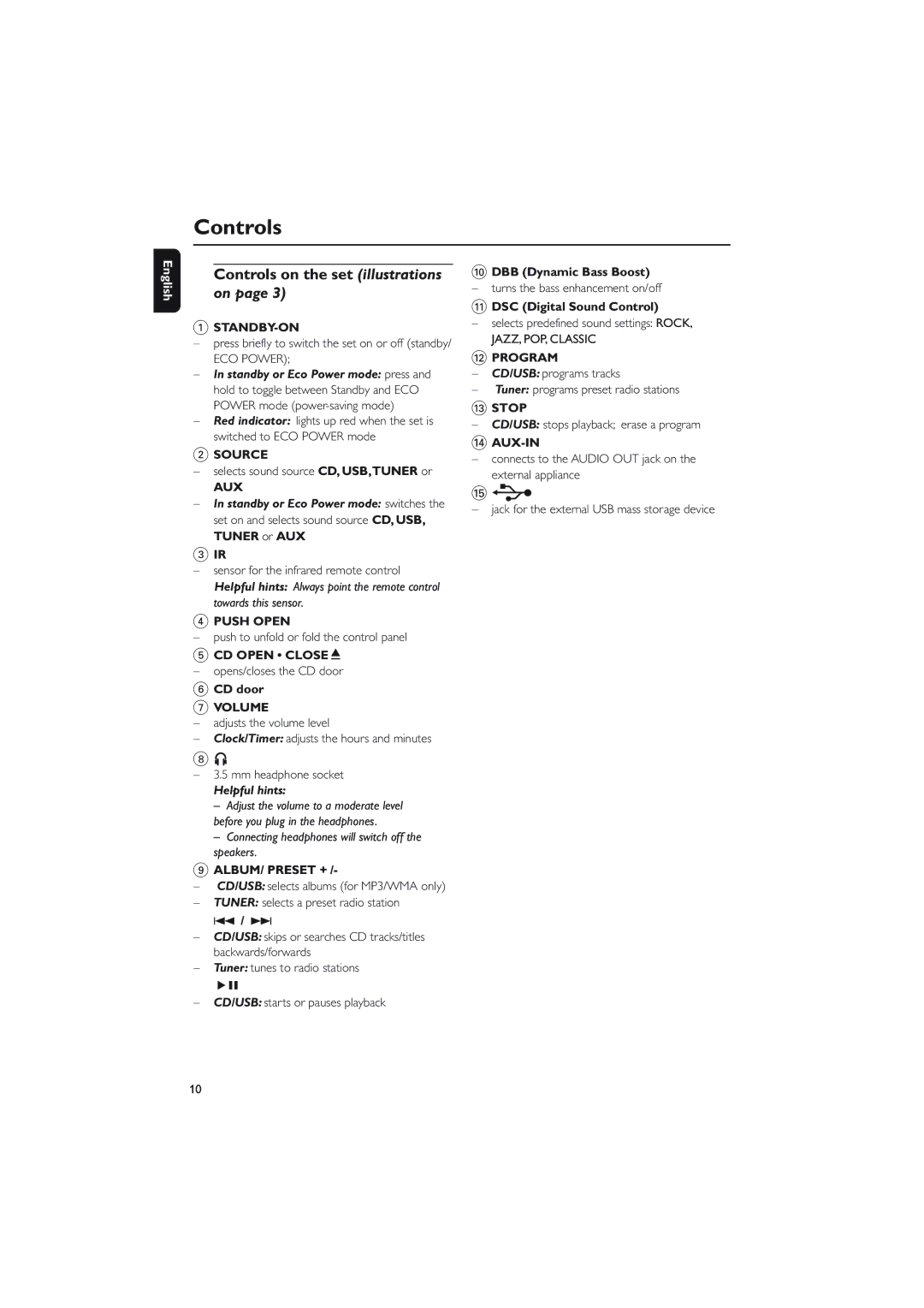 Philips MCM275 owner manual Controls on the set illustrations, Helpful hints 