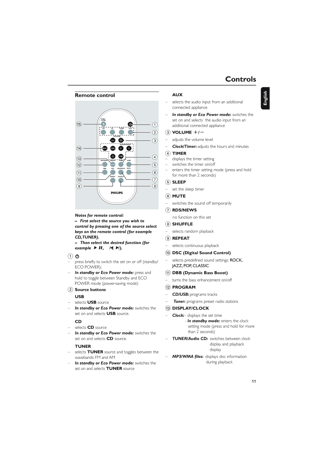 Philips MCM275 owner manual Remote control, Standby or Eco Power mode switches, Volume +, Example ÉÅ, í, ë, Source buttons 