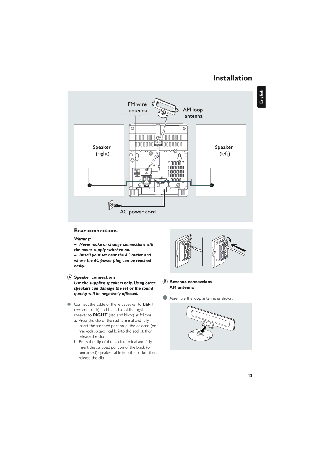 Philips MCM275 owner manual Installation, Rear connections, Speaker connections, Assemble the loop antenna as shown 