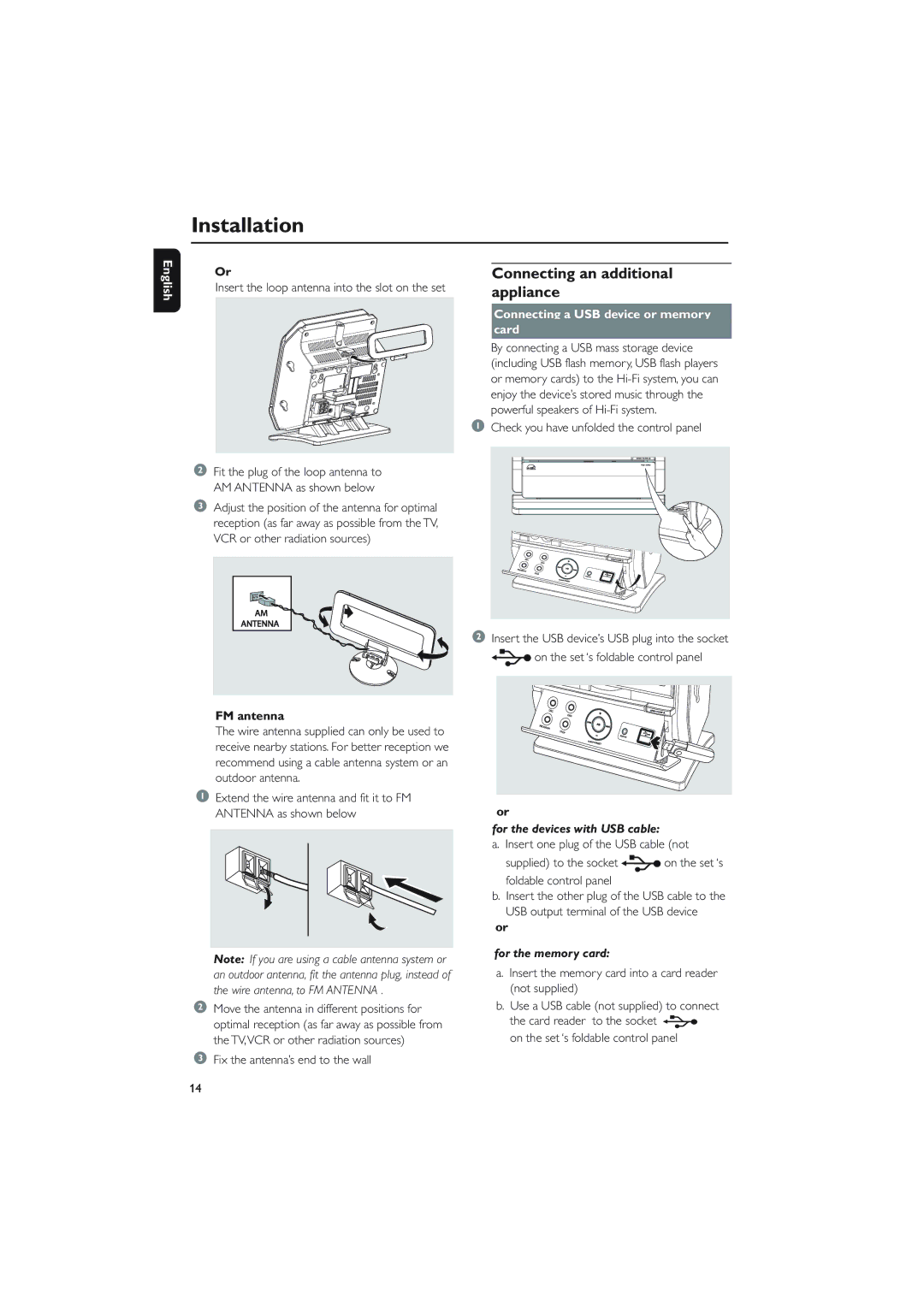 Philips MCM275 Connecting an additional appliance, FM antenna, Connecting a USB device or memory Card, For the memory card 