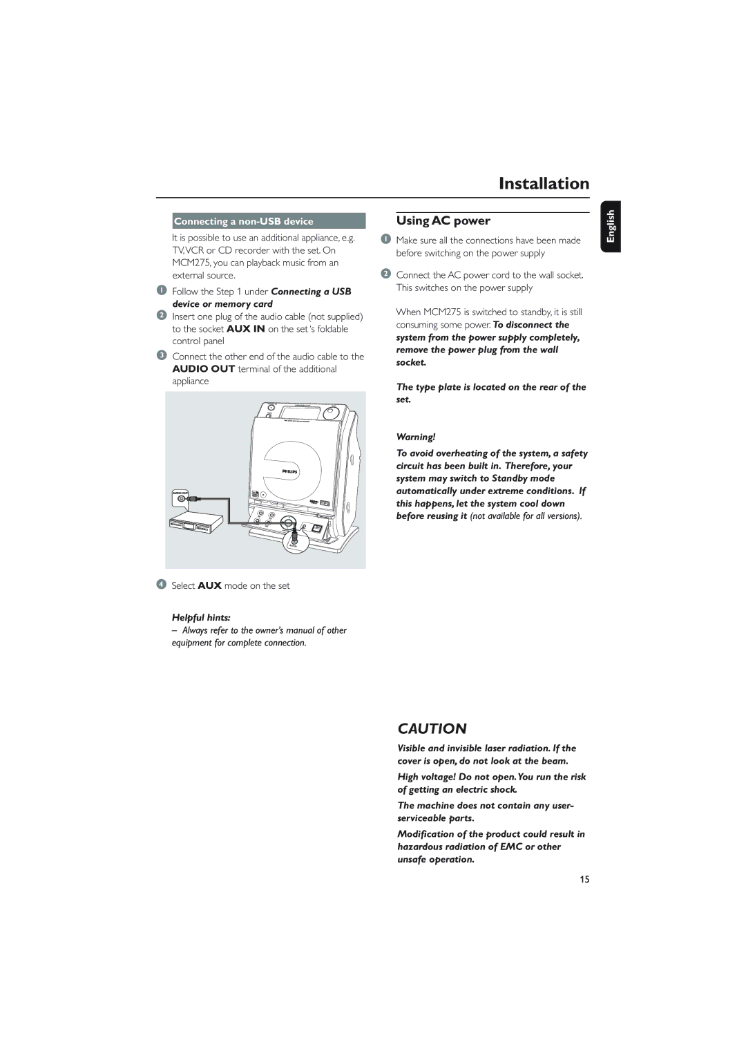 Philips MCM275 owner manual Using AC power, Connecting a non-USB device, Select AUX mode on the set 