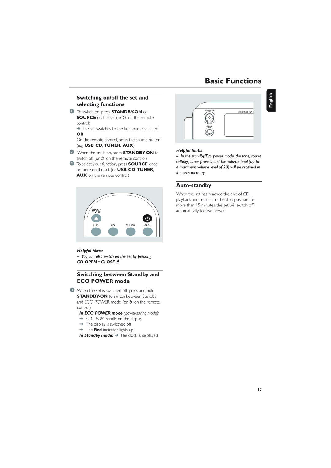 Philips MCM275 owner manual Basic Functions, Switching on/off the set and selecting functions, Auto-standby 