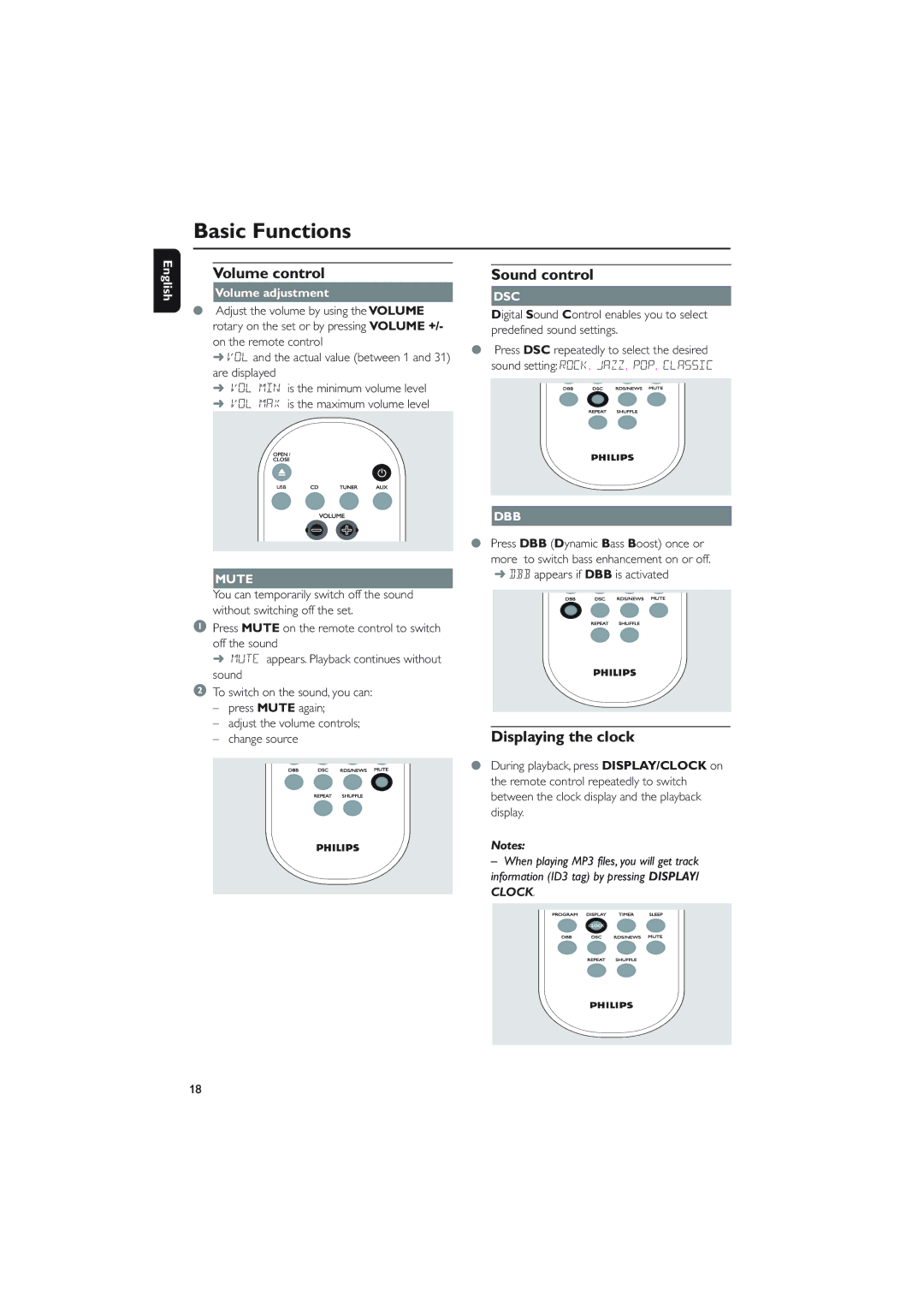 Philips MCM275 Volume control, Sound control, Displaying the clock, Volume adjustment, DBB appears if DBB is activated 