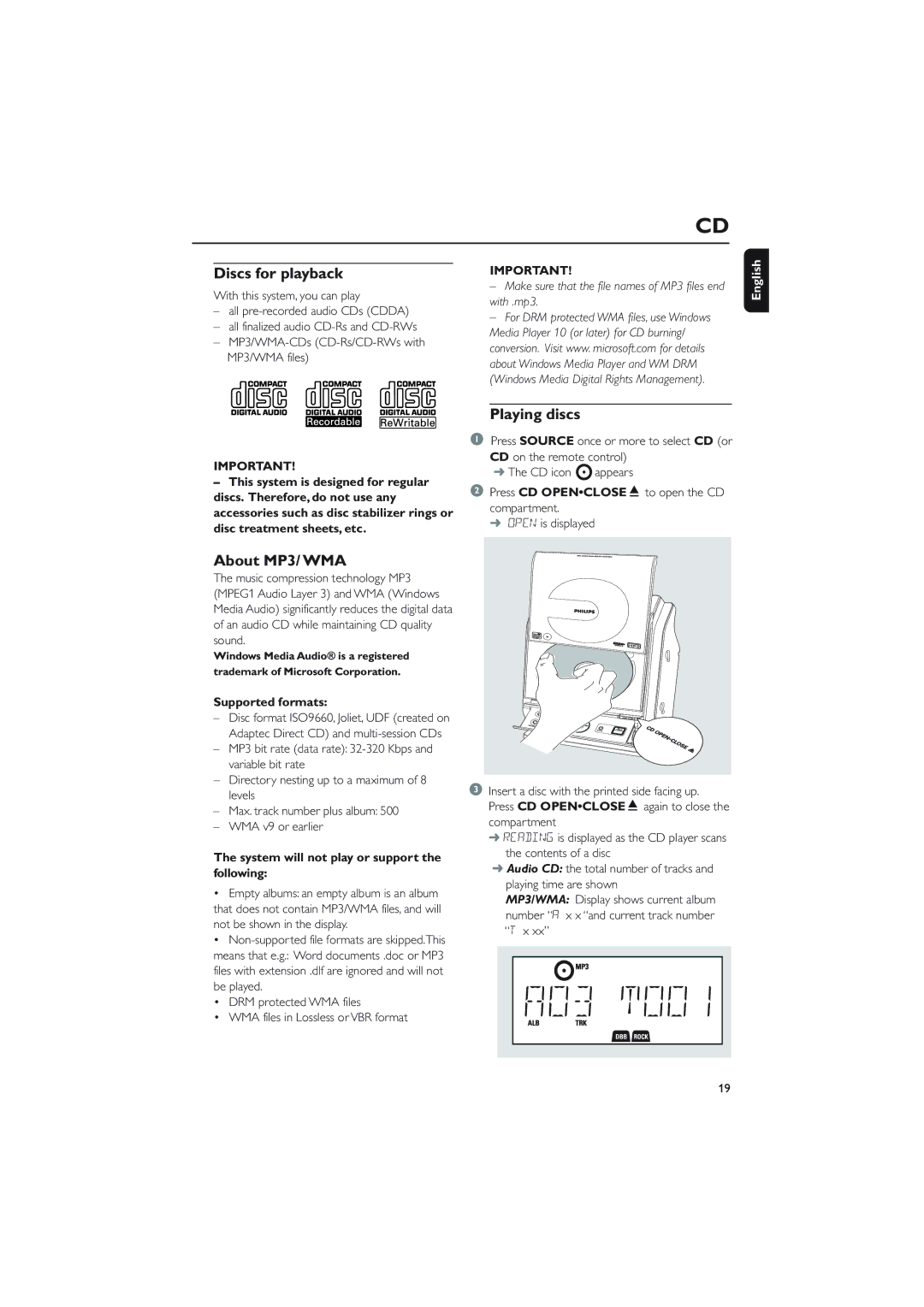 Philips MCM275 owner manual Discs for playback, Playing discs, About MP3/ WMA, Supported formats 