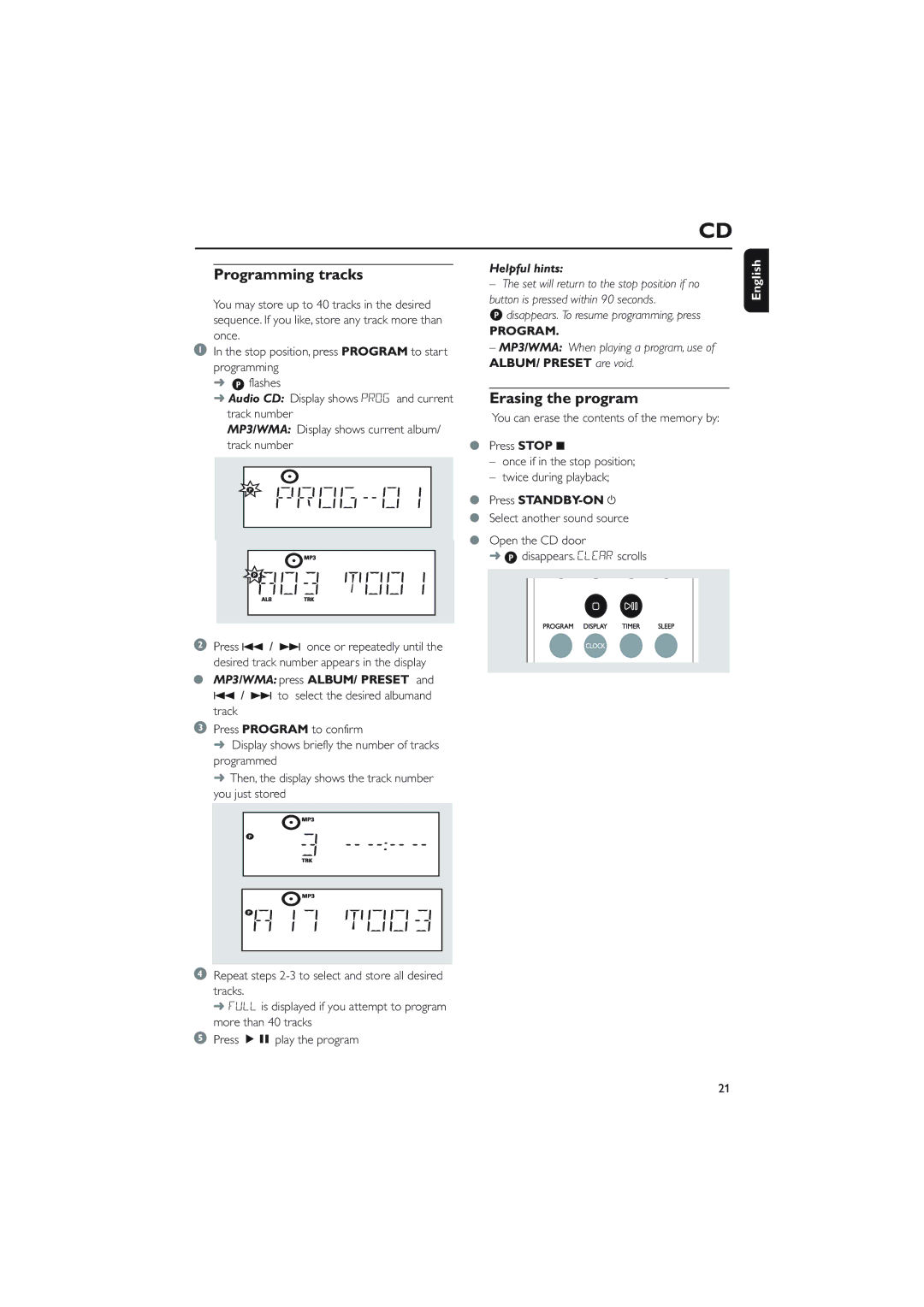 Philips MCM275 owner manual Programming tracks, Erasing the program, MP3/WMA press ALBUM/ Preset, Press STANDBY-ON y 