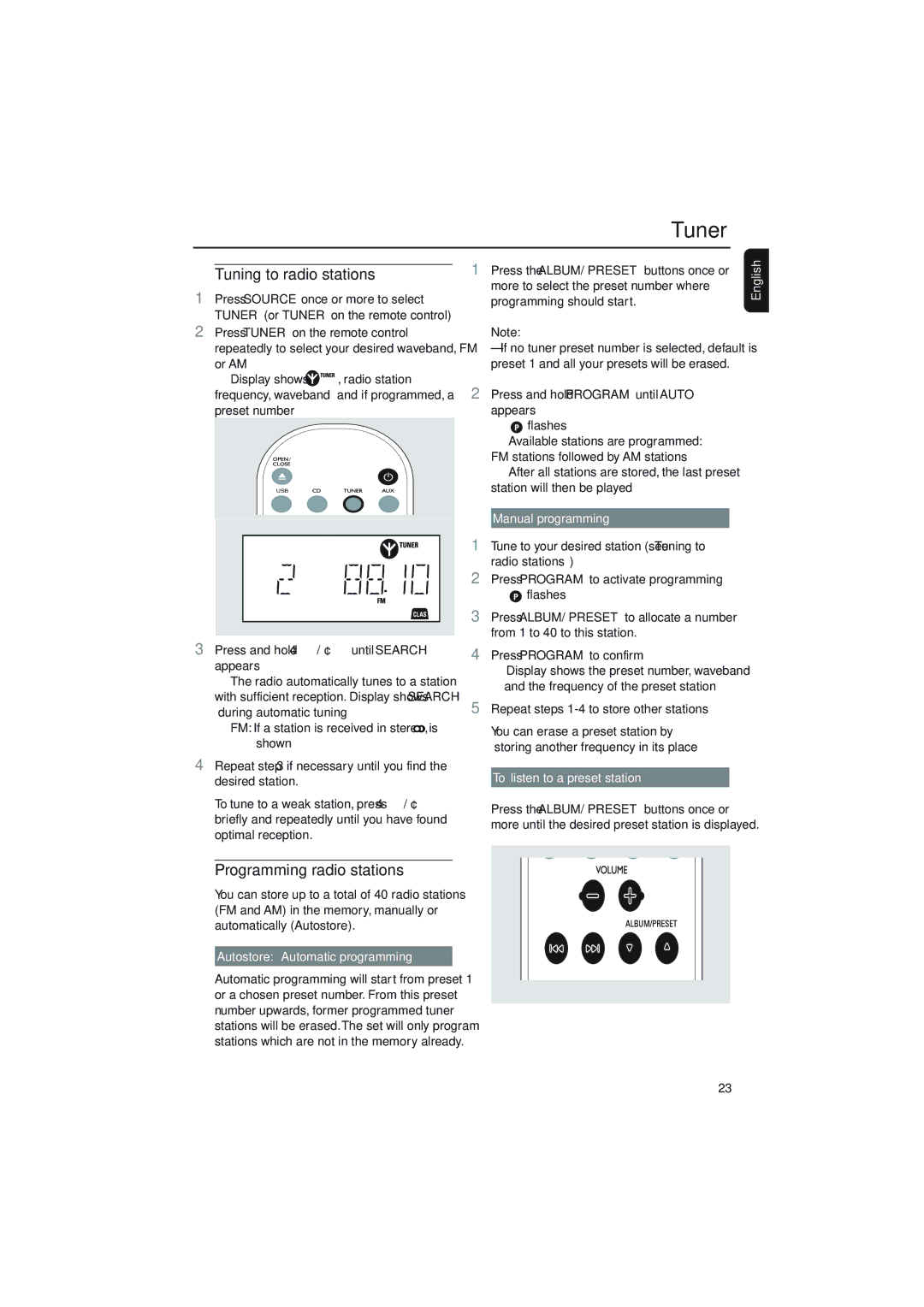 Philips MCM275 owner manual Tuner, Tuning to radio stations, Programming radio stations 