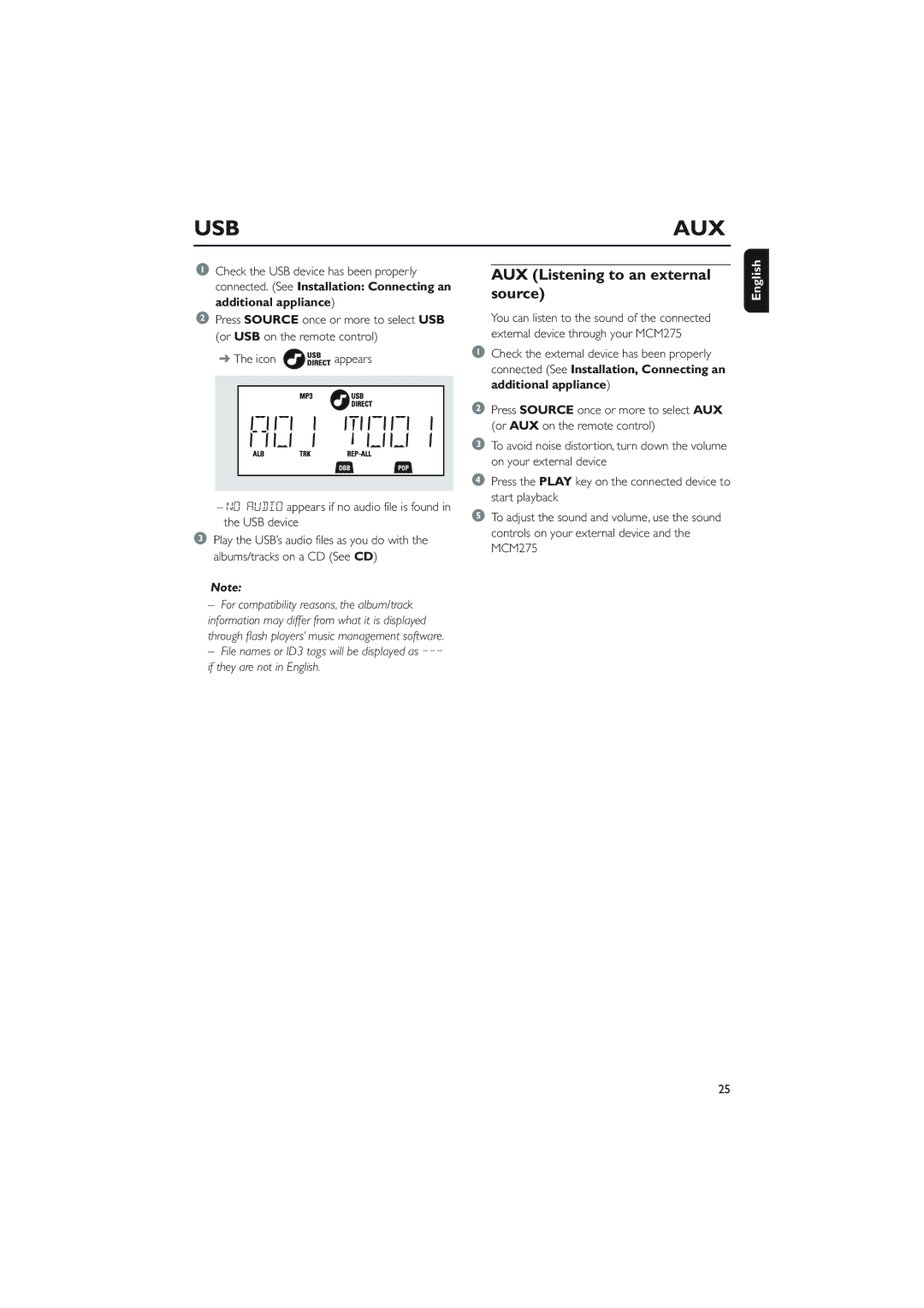 Philips MCM275 owner manual Usb Aux, AUX Listening to an external source 