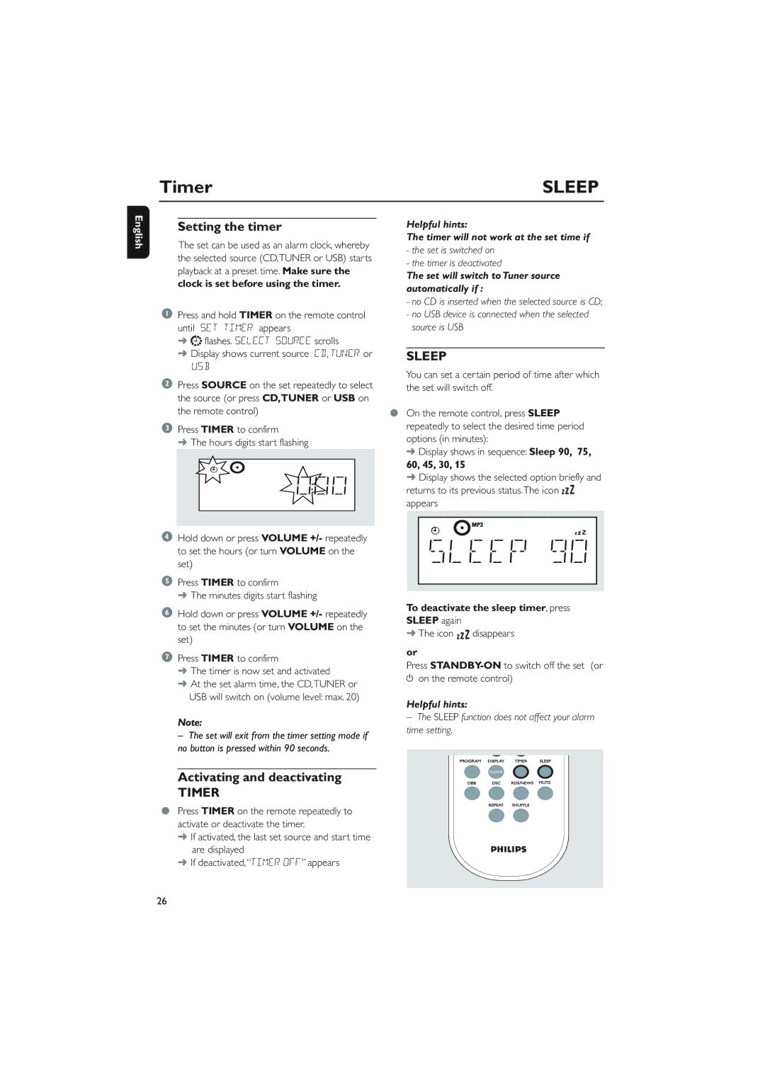 Philips MCM275 Setting the timer, Activating and deactivating, Helpful hints Timer will not work at the set time if 