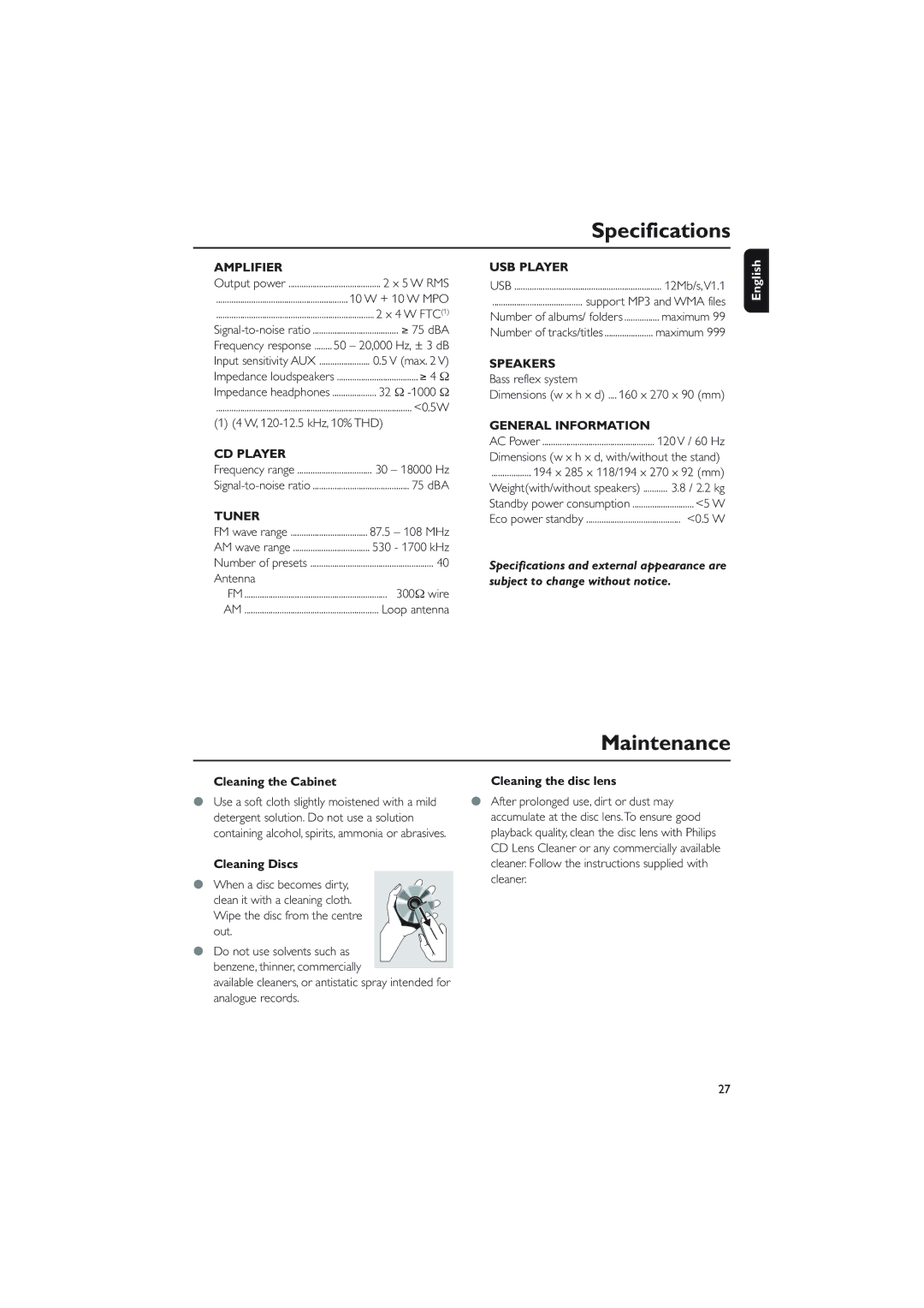 Philips MCM275 owner manual Specifications, Cleaning the Cabinet Cleaning the disc lens, Cleaning Discs 