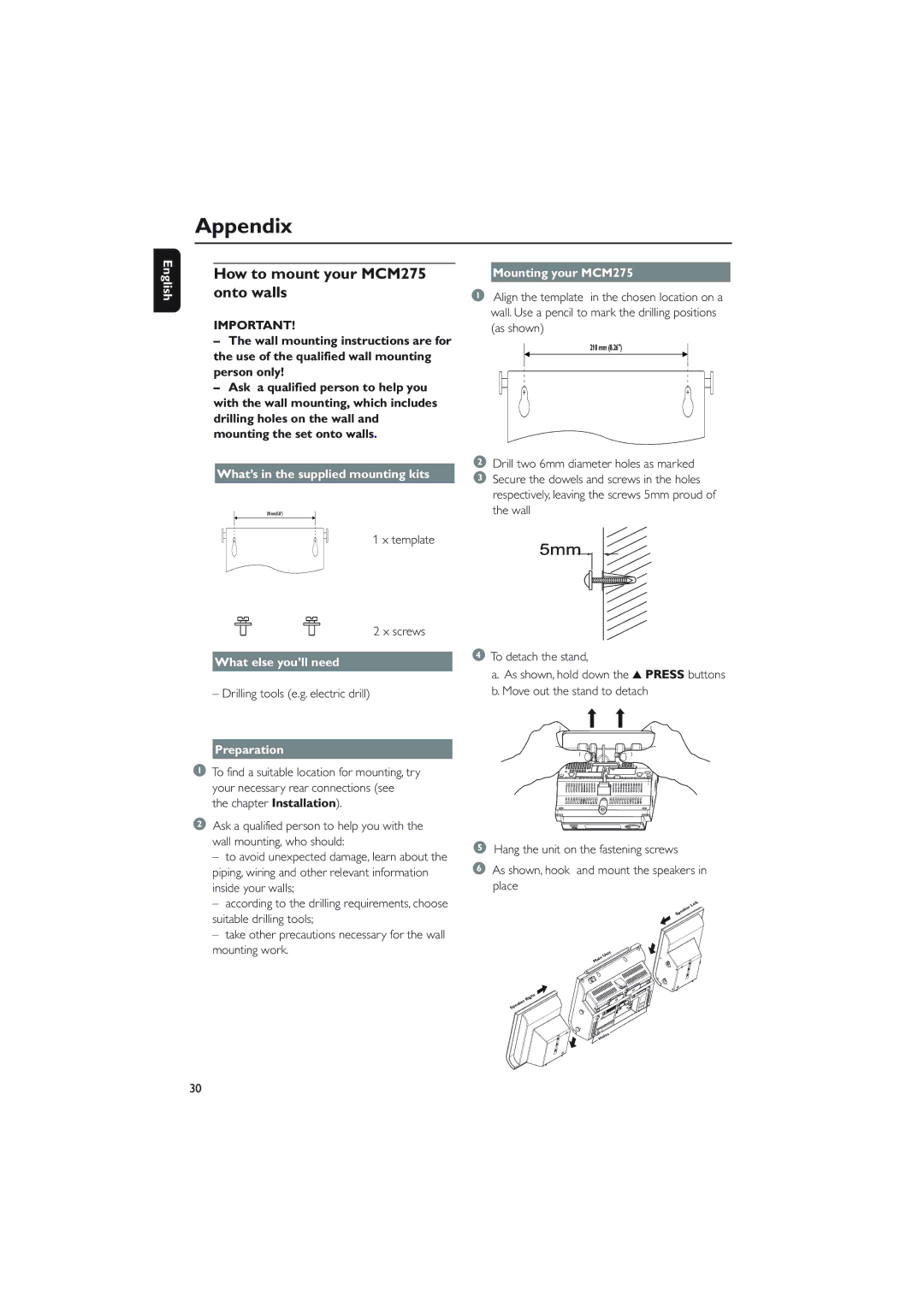 Philips owner manual Appendix, How to mount your MCM275 onto walls 