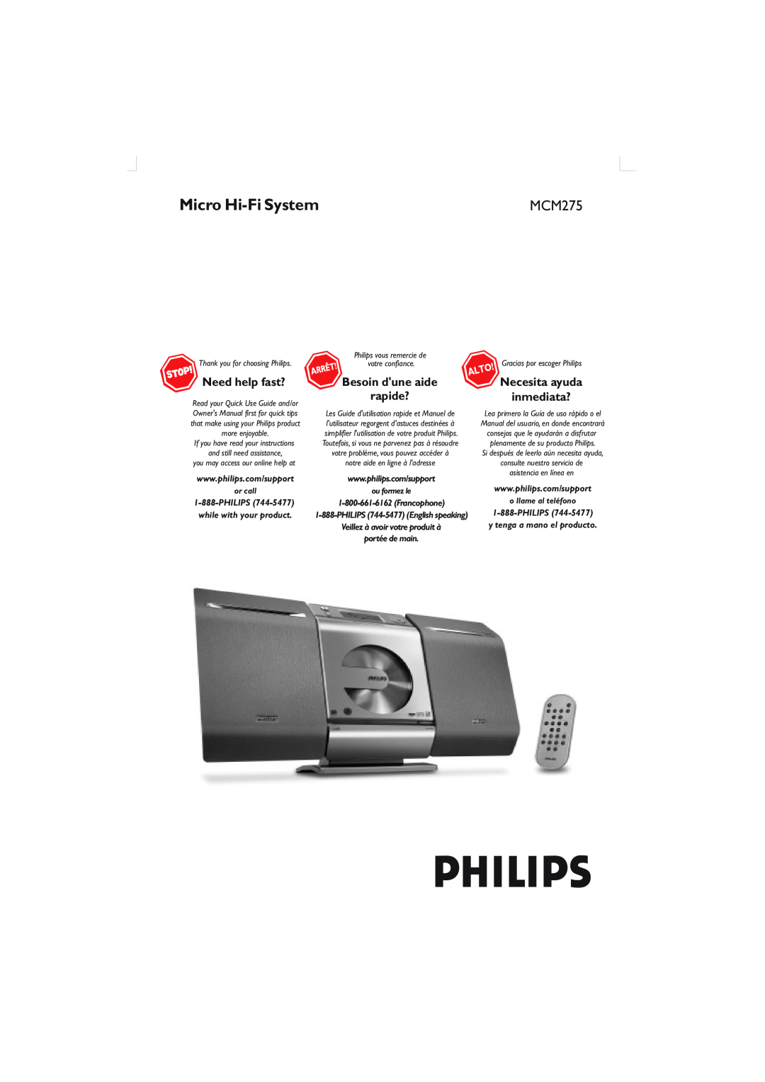 Philips MCM275 owner manual Micro Hi-FiSystem, Need help fast?, Besoin dune aide, rapide?, Thank you for choosing Philips 