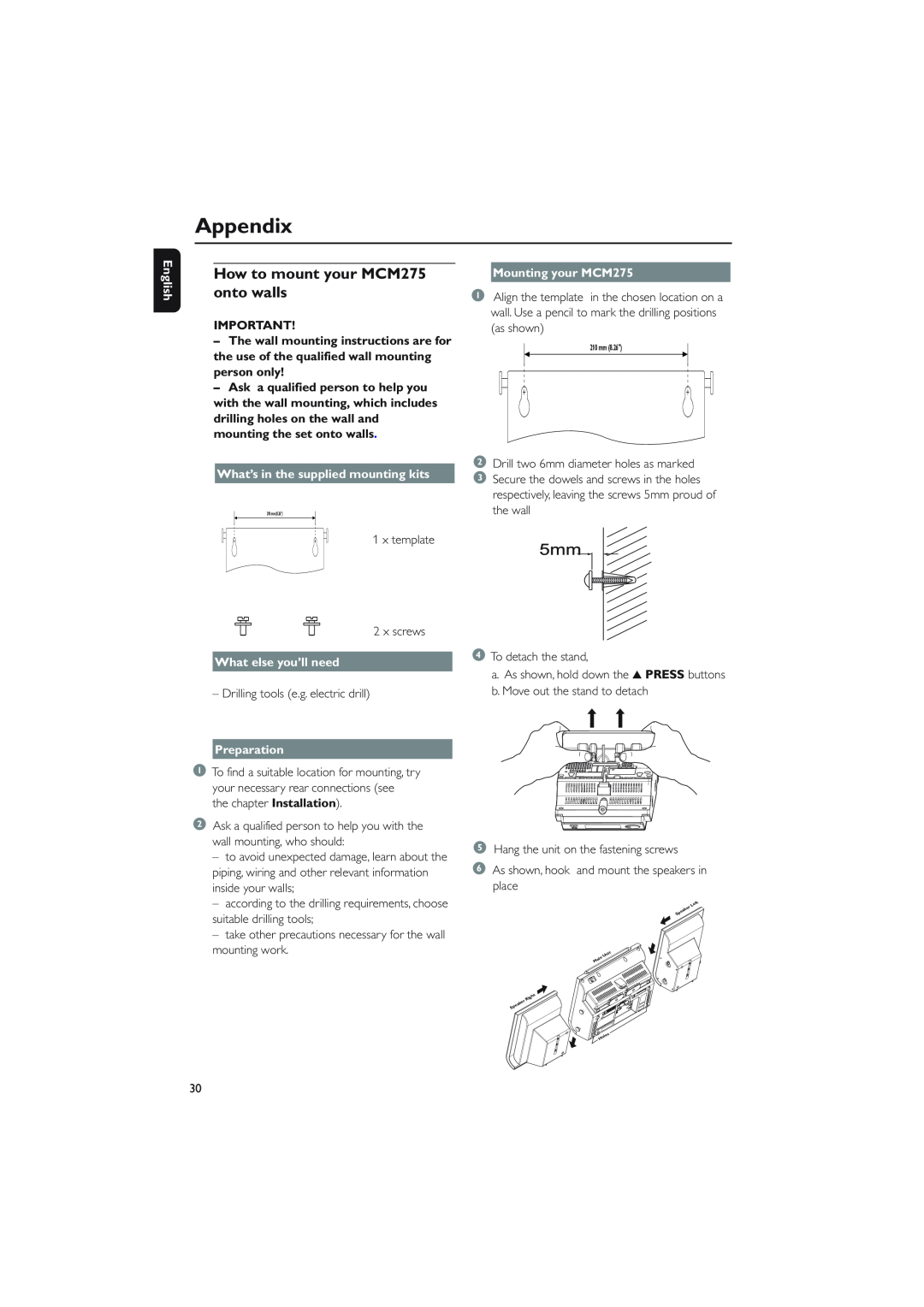 Philips MCM275 owner manual Appendix, English, What’s in the supplied mounting kits, What else you’ll need, Preparation 