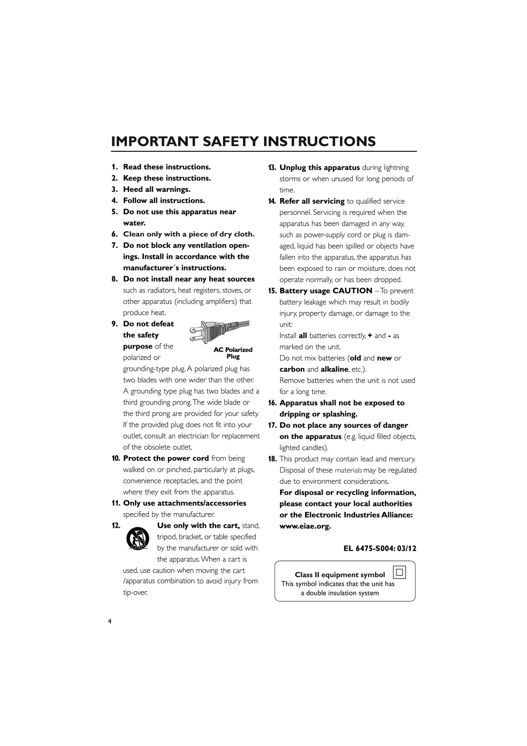 Philips MCM275 owner manual Important Safety Instructions, Clean only with a piece of dry cloth, Class II equipment symbol 