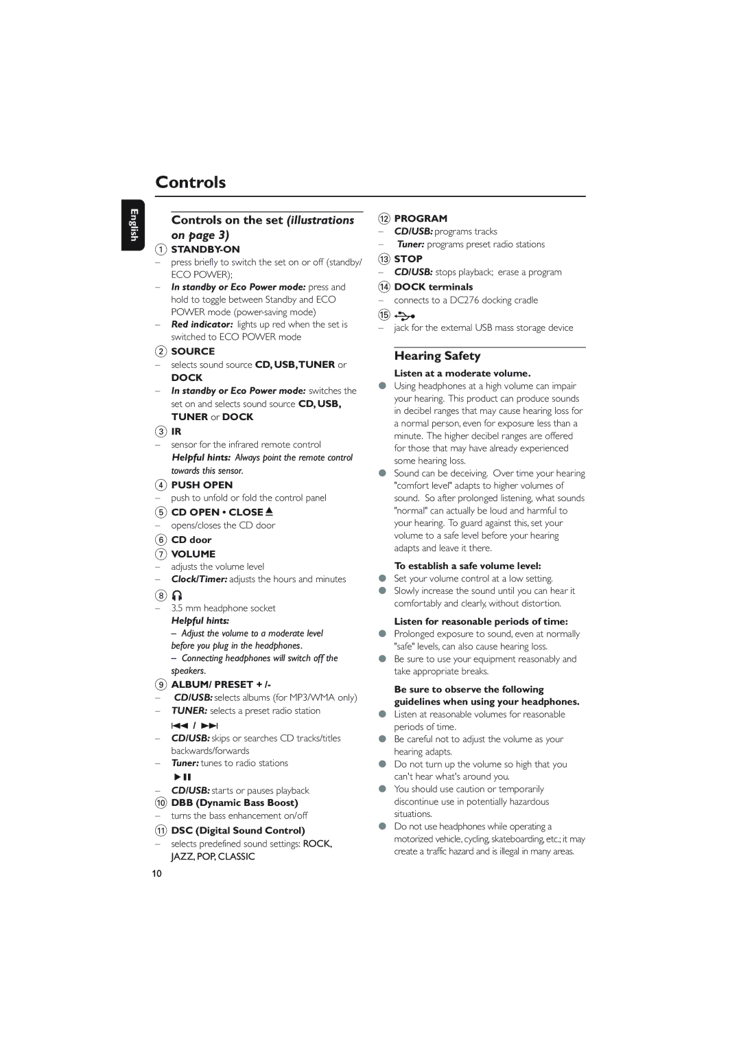 Philips MCM276R owner manual Controls on the set illustrations, Hearing Safety, Helpful hints 