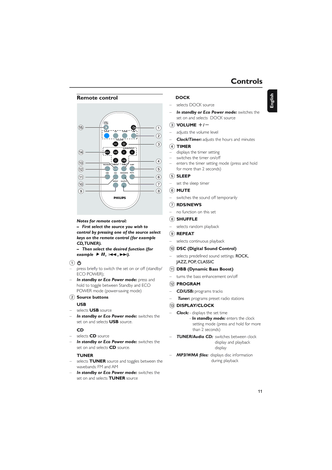 Philips MCM276R owner manual Remote control, Volume +, Example ÉÅ, 4 , ¢, Standby or Eco Power mode press, Source buttons 