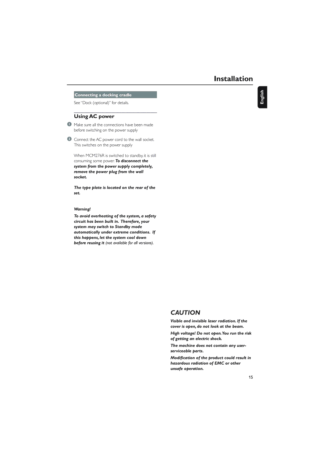 Philips MCM276R owner manual Using AC power, Connecting a docking cradle, See Dock optional for details 