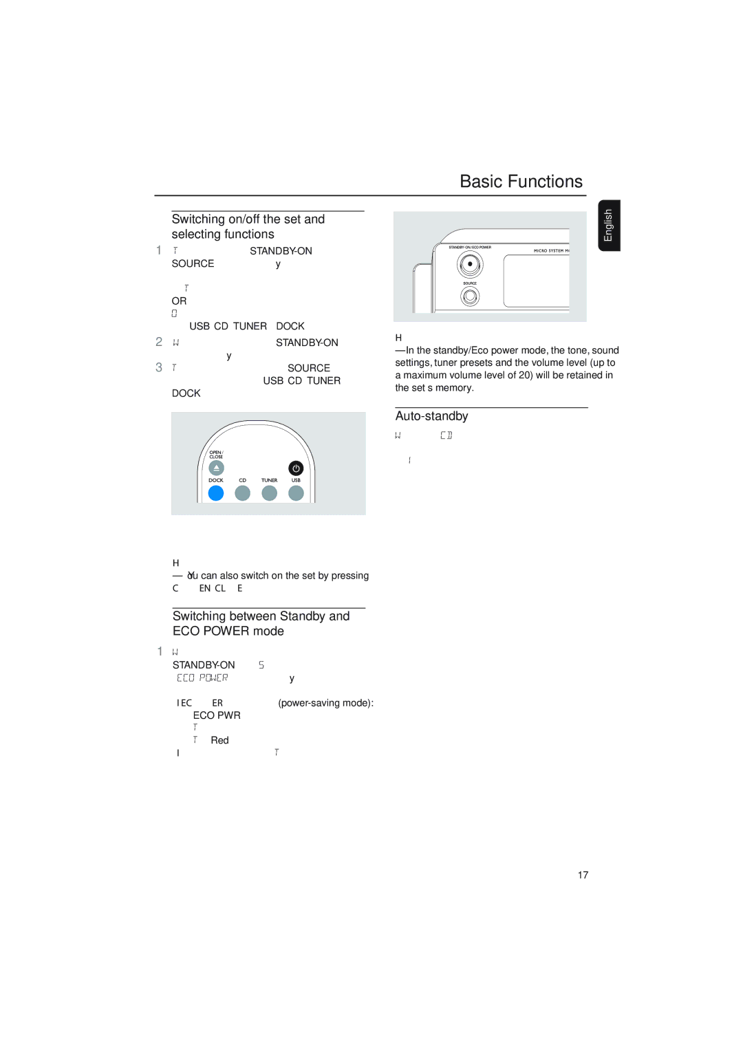 Philips MCM276R owner manual Basic Functions, Switching on/off the set and selecting functions, Auto-standby 