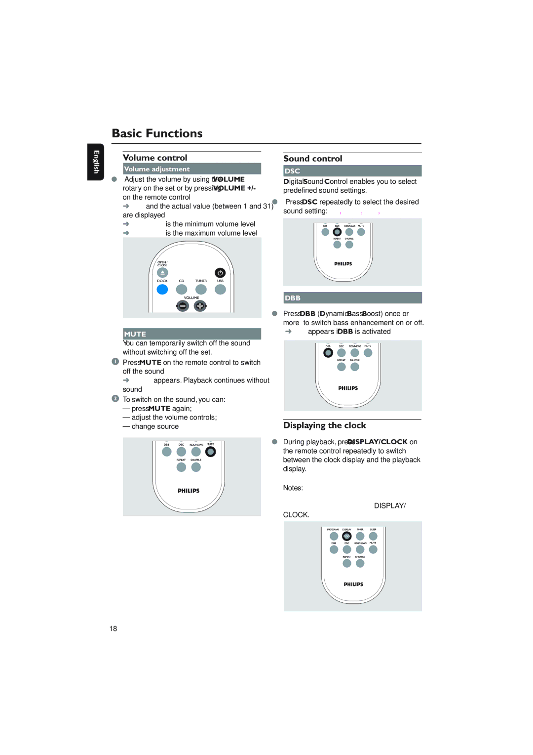 Philips MCM276R Volume control, Sound control, Displaying the clock, Volume adjustment, DBB appears if DBB is activated 