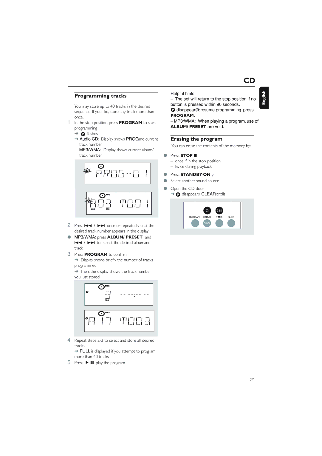 Philips MCM276R owner manual Programming tracks, Erasing the program, MP3/WMA press ALBUM/ Preset, Press STANDBY-ON y 