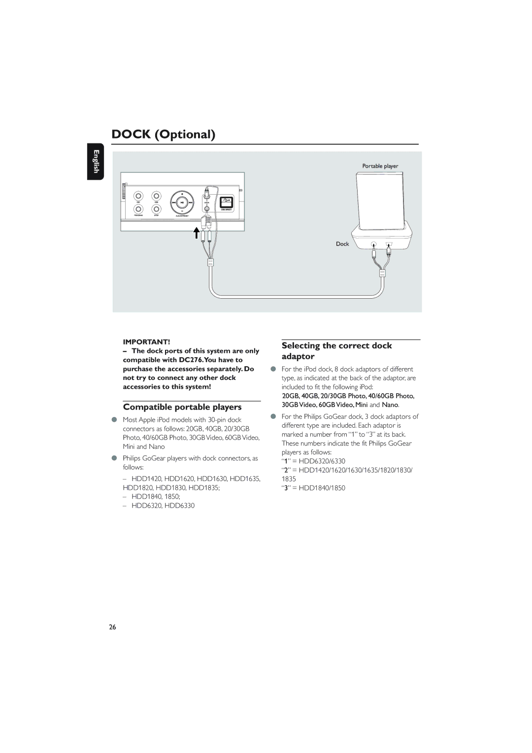 Philips MCM276R owner manual Dock Optional, Compatible portable players, Selecting the correct dock adaptor, = HDD1840/1850 