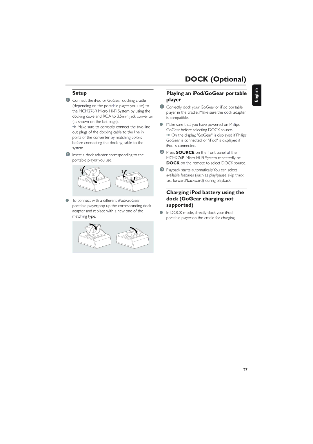 Philips MCM276R owner manual Setup, Playing an iPod/GoGear portable player 