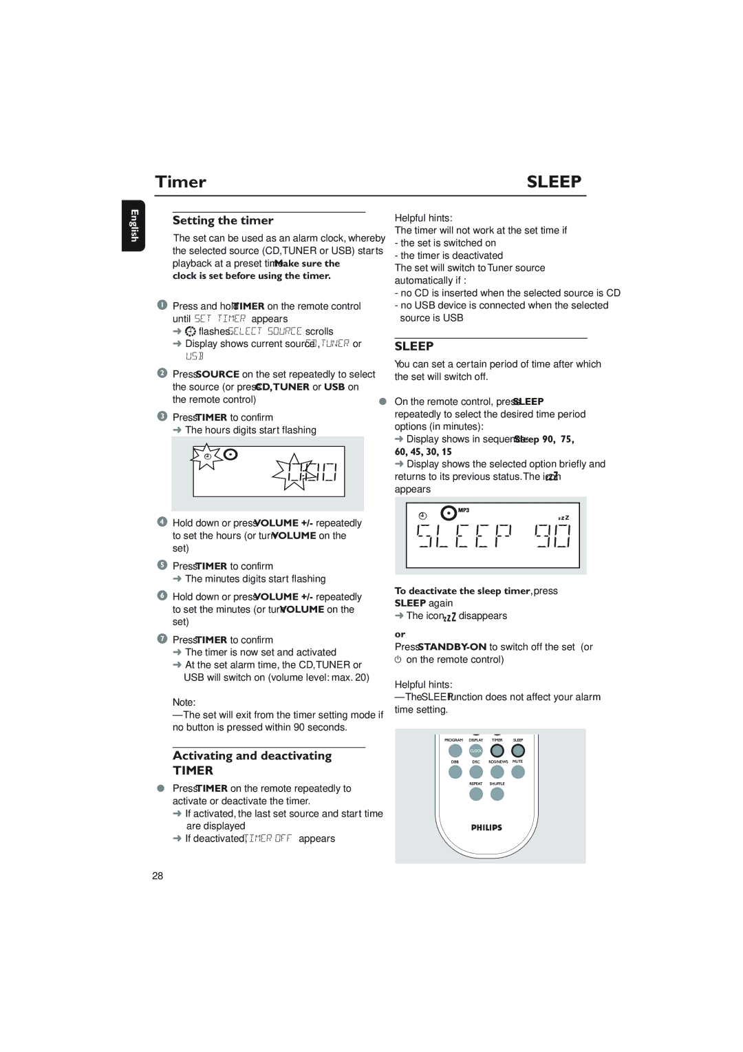 Philips MCM276R Timer, Setting the timer, Activating and deactivating, Set will switch to Tuner source automatically if 