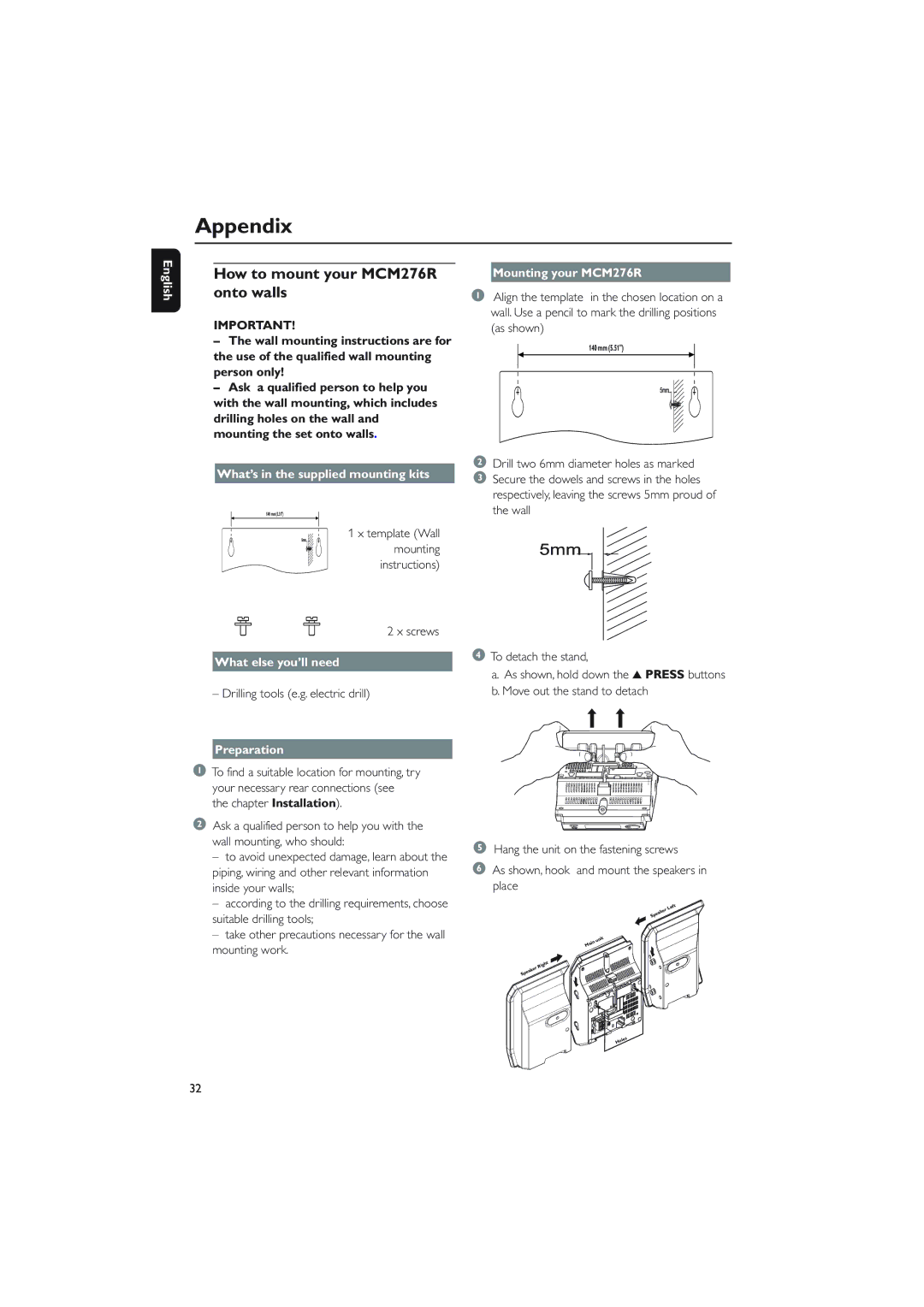 Philips owner manual Appendix, How to mount your MCM276R onto walls 