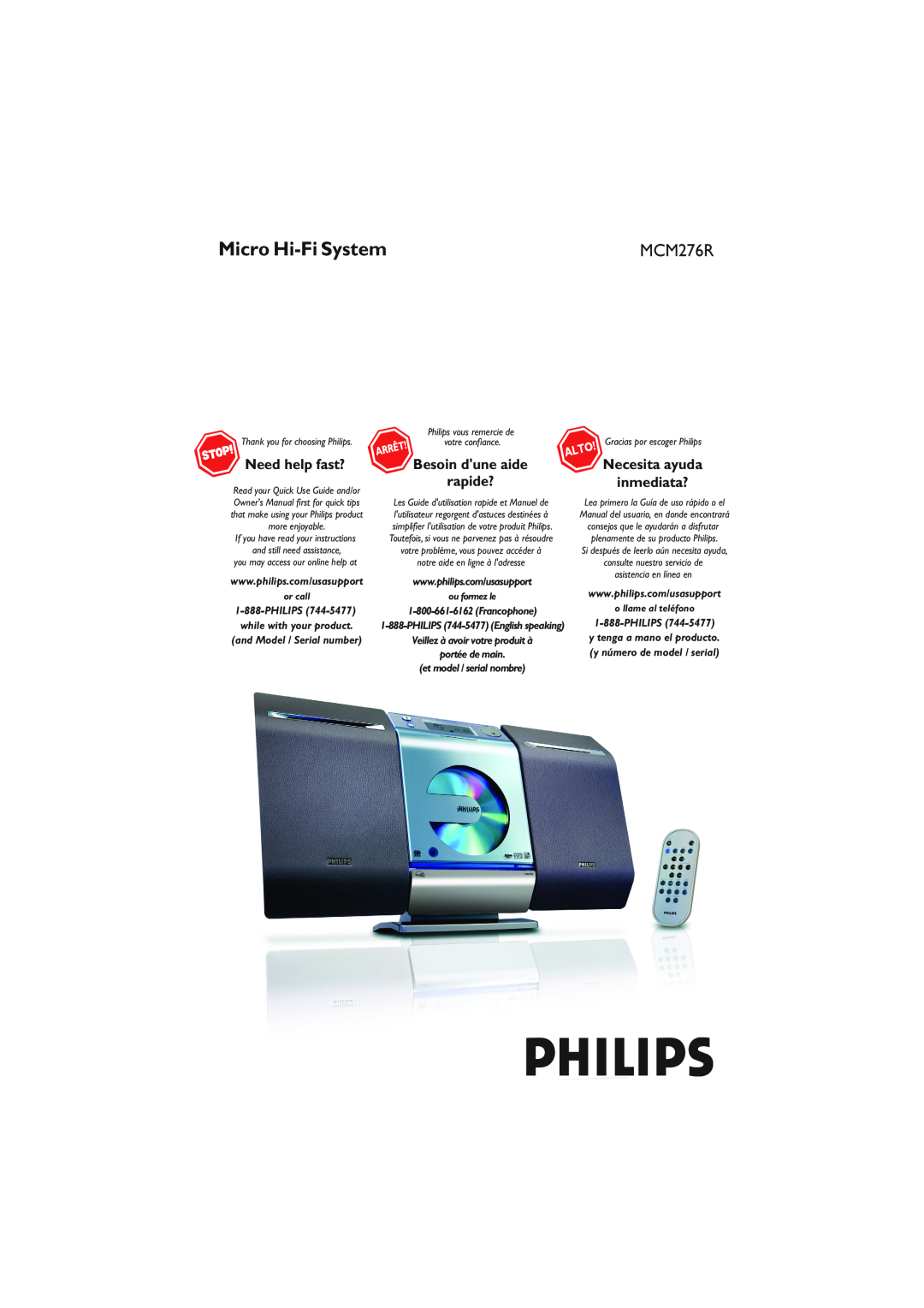 Philips MCM276R owner manual Micro Hi-FiSystem, Necesita ayuda inmediata?, Need help fast?, Besoin dune aide, rapide? 
