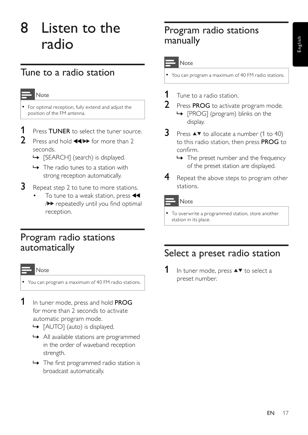 Philips MCM280D/12 user manual Listen to the radio, Tune to a radio station, Program radio stations automatically 