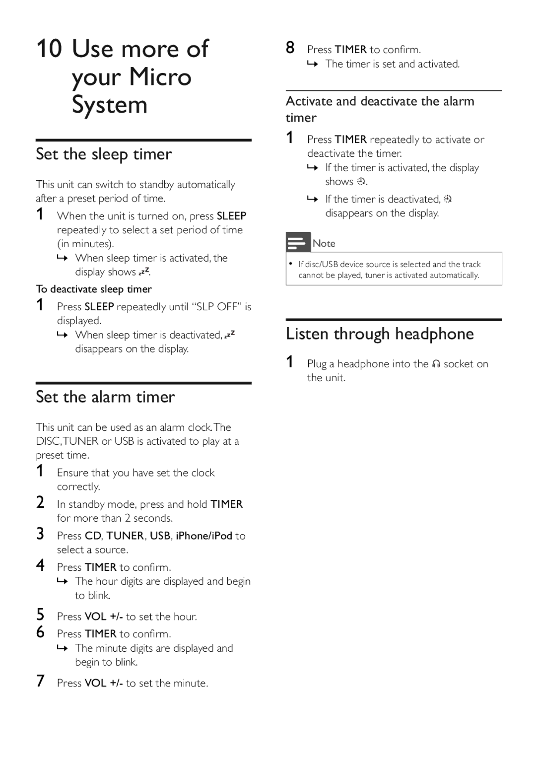 Philips MCM280D/12 user manual Set the sleep timer, Set the alarm timer, Listen through headphone 