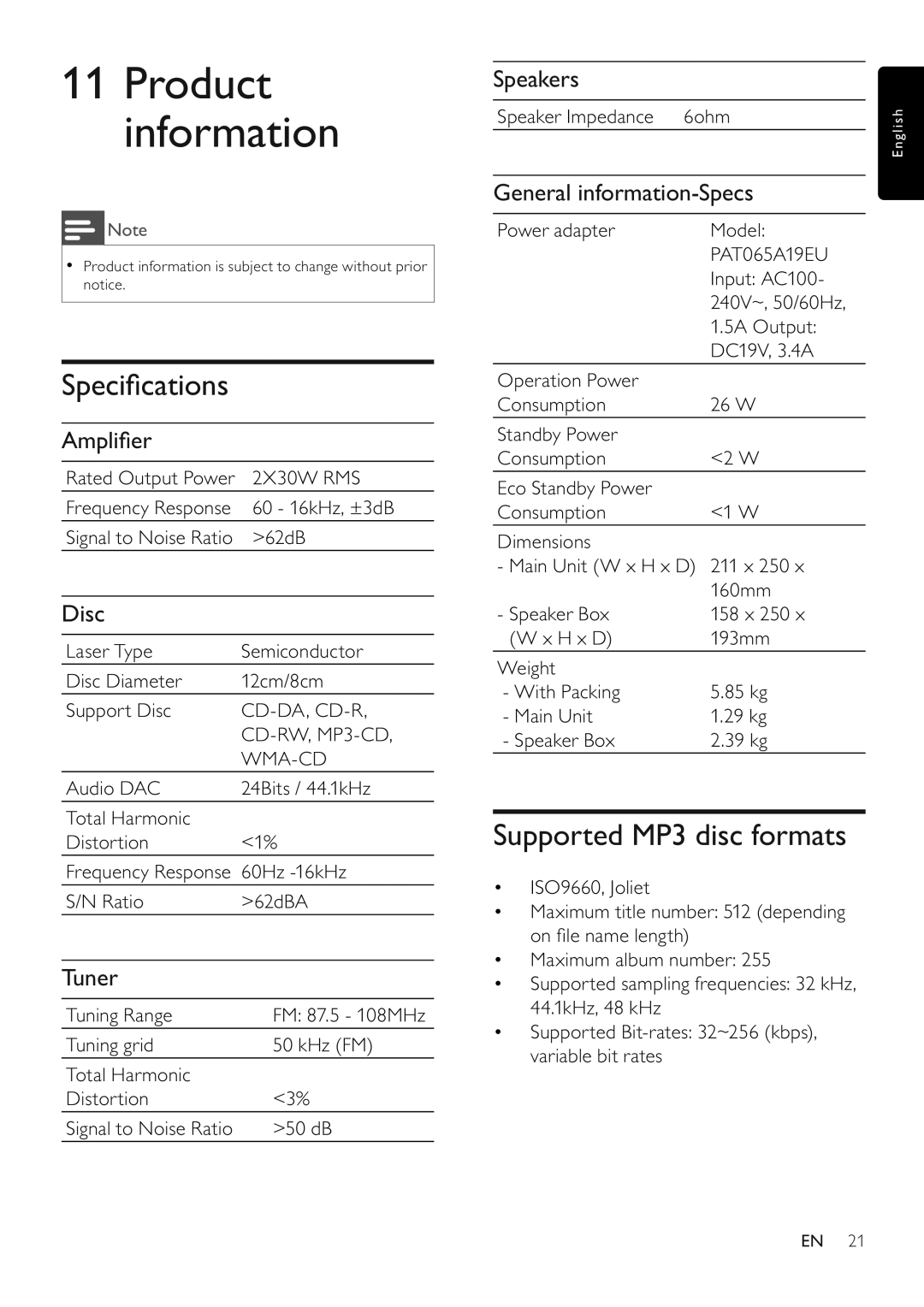 Philips MCM280D/12 user manual Speciﬁ cations, Supported MP3 disc formats 