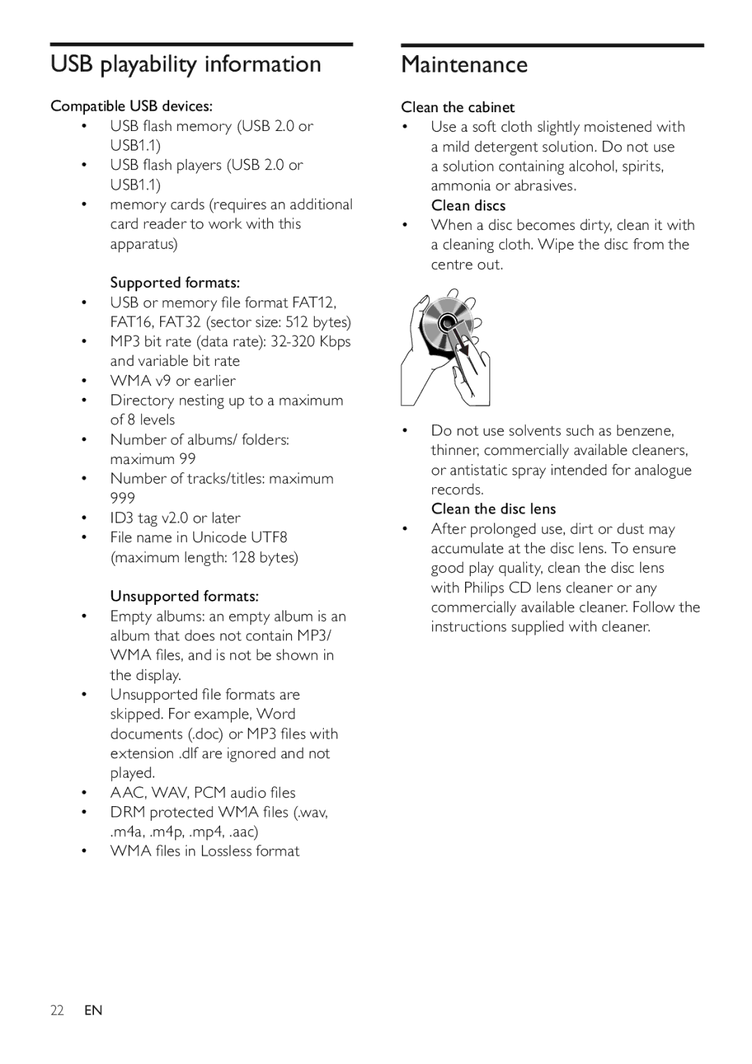 Philips MCM280D/12 user manual USB playability information, Maintenance 