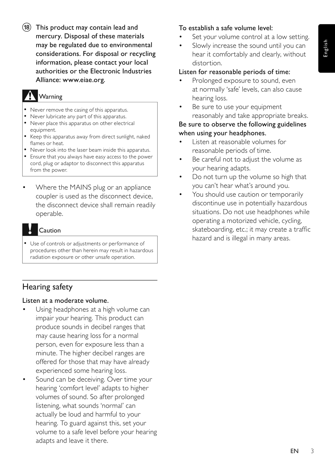 Philips MCM280D/12 user manual Hearing safety, Listen at a moderate volume 