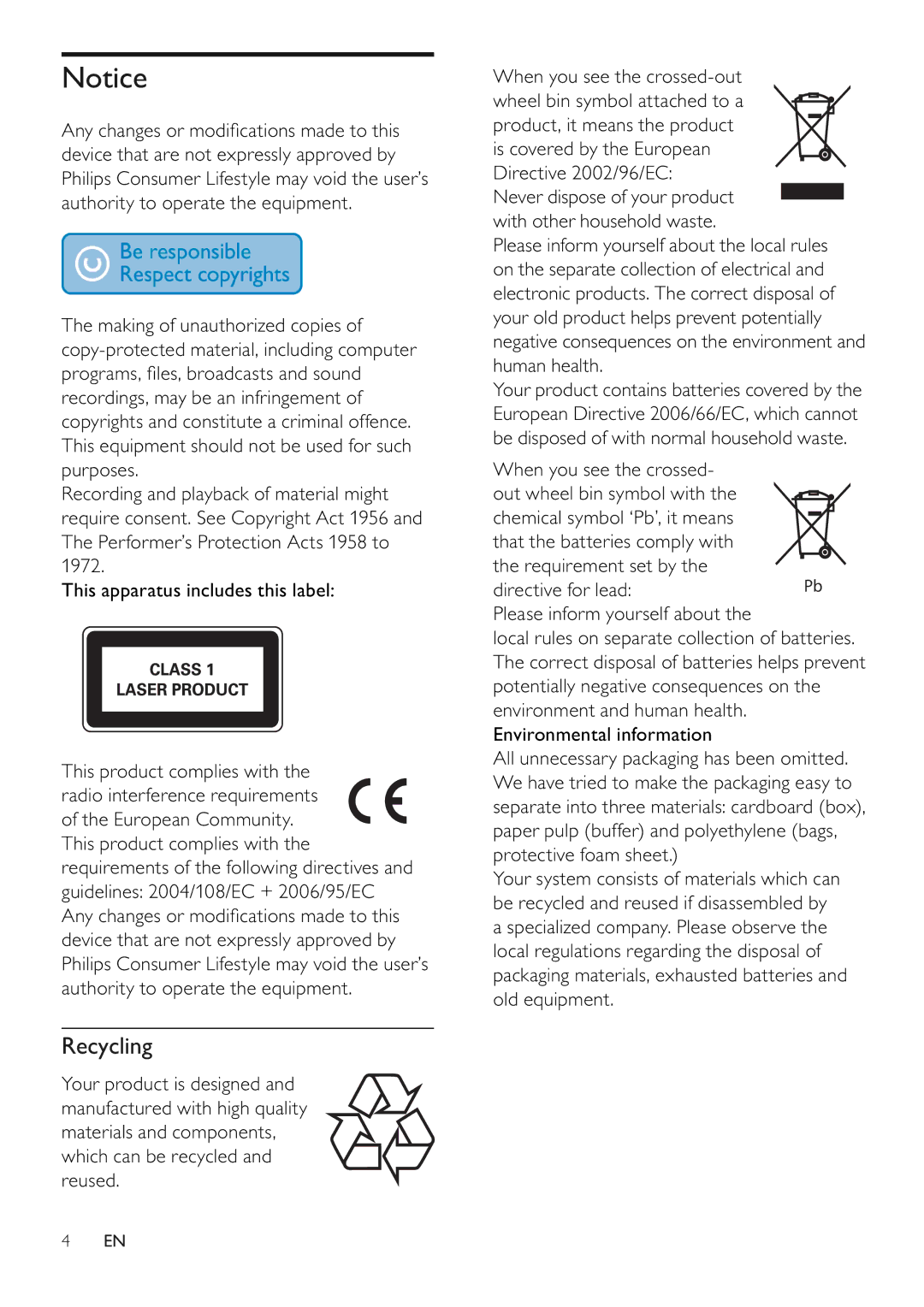 Philips MCM280D/12 user manual Recycling 