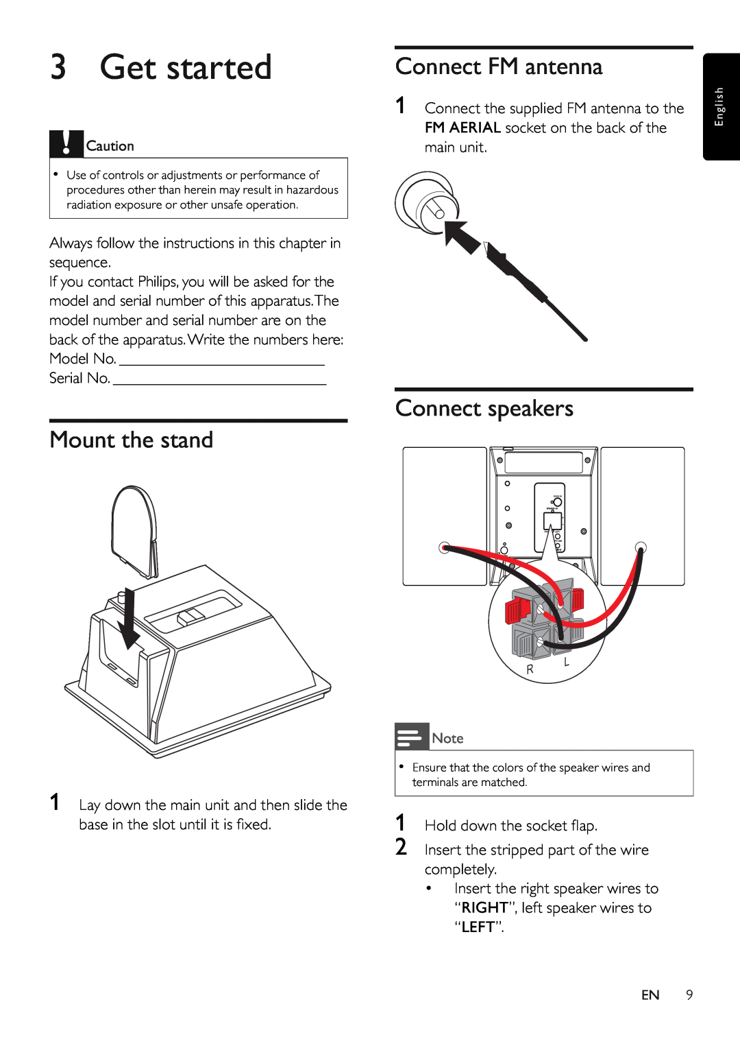Philips MCM280D/12 user manual Get started, Mount the stand, Connect FM antenna, Connect speakers 