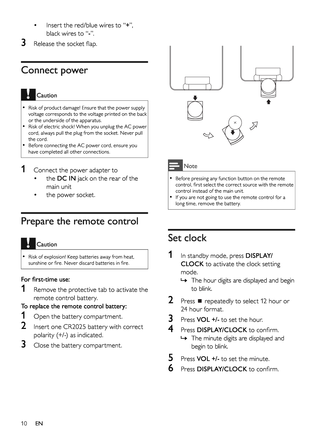 Philips MCM280D/12 user manual Connect power, Prepare the remote control, Set clock 