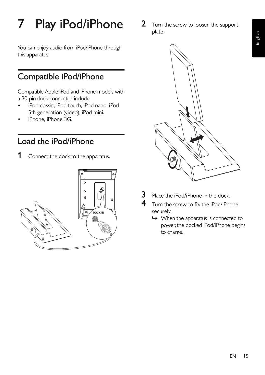 Philips MCM280D/12 user manual Play iPod/iPhone, Compatible iPod/iPhone, Load the iPod/iPhone 