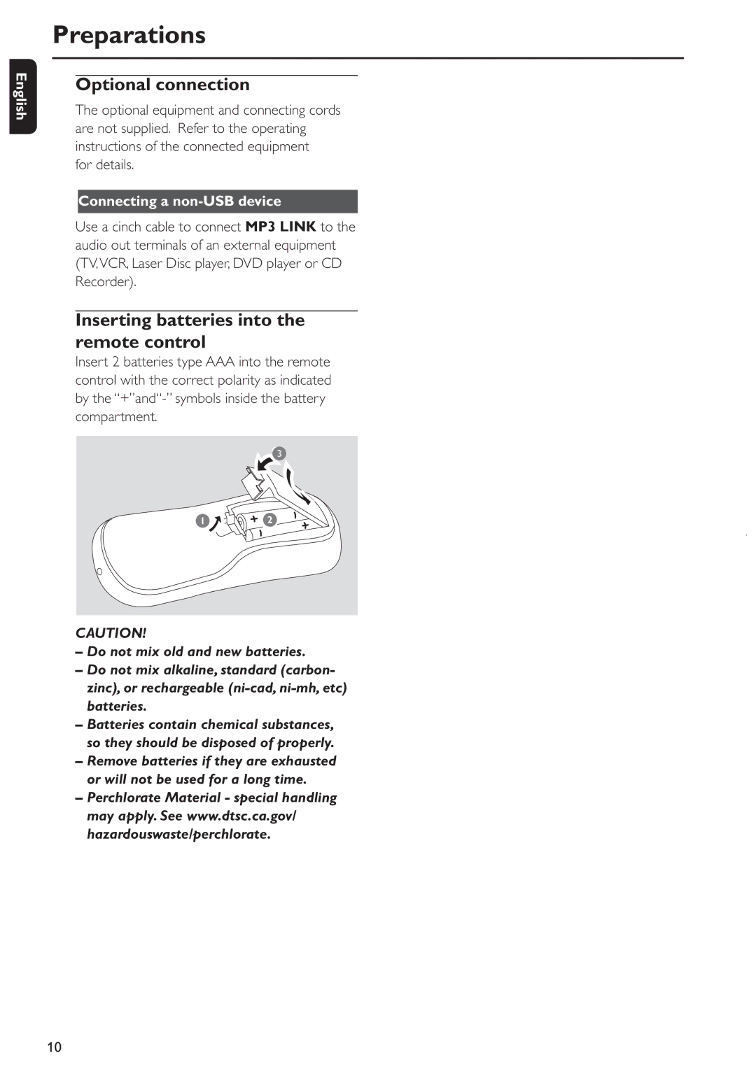 Philips MCM285 user manual Optional connection, Inserting batteries into the remote control 