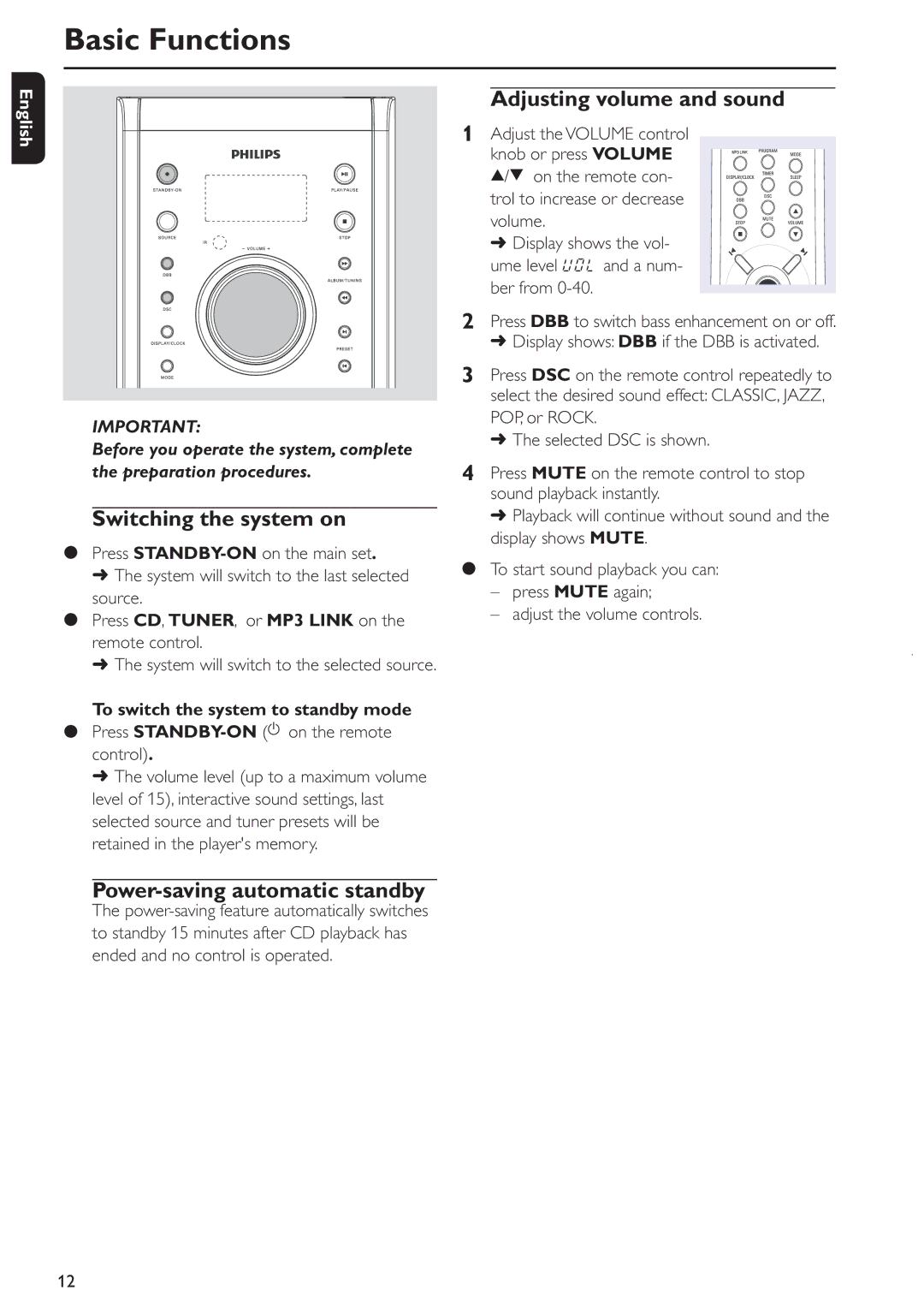 Philips MCM285 Basic Functions, Switching the system on, Adjusting volume and sound, Power-saving automatic standby 