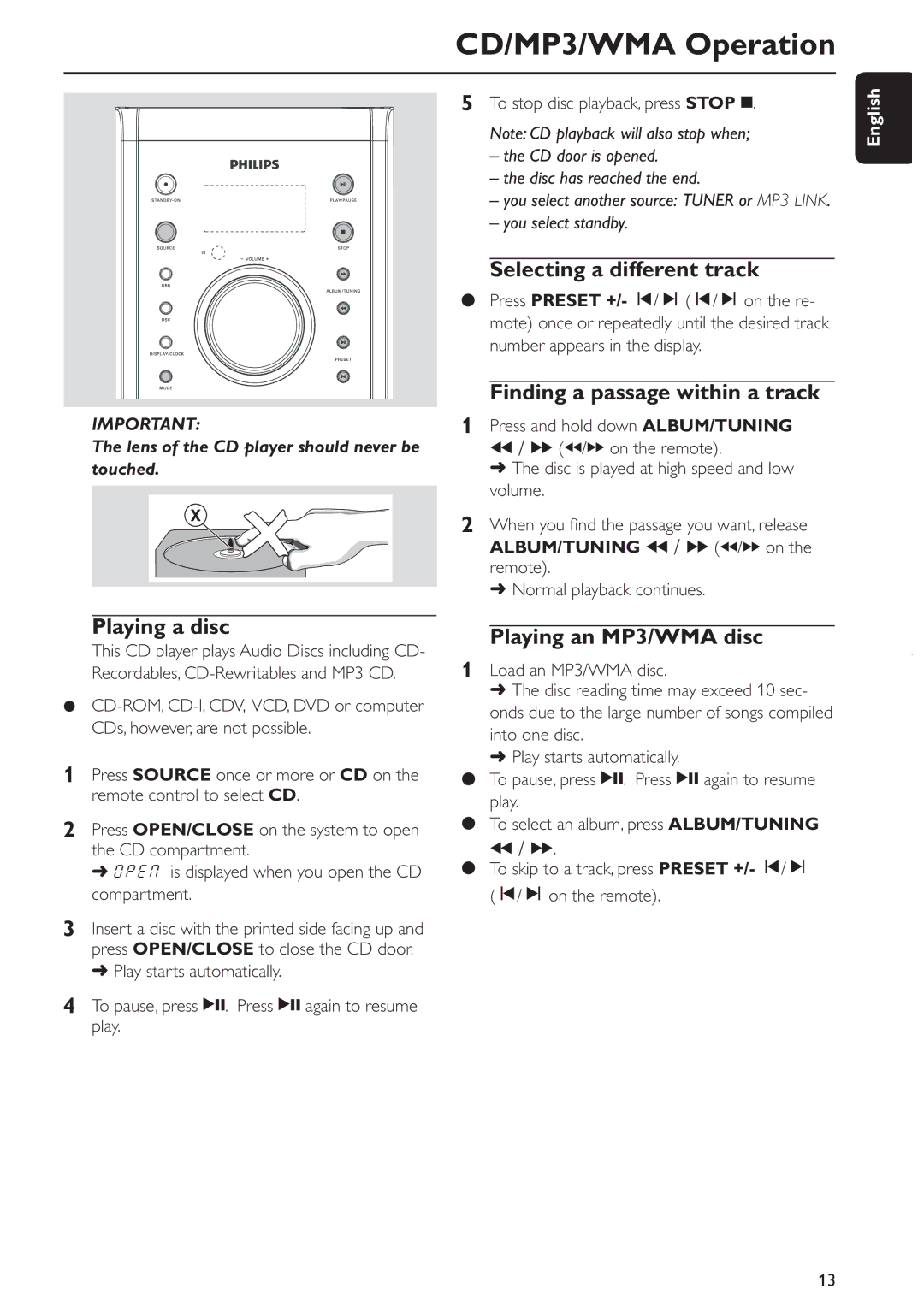 Philips MCM285 user manual CD/MP3/WMA Operation, Selecting a different track, Playing a disc, Playing an MP3/WMA disc 