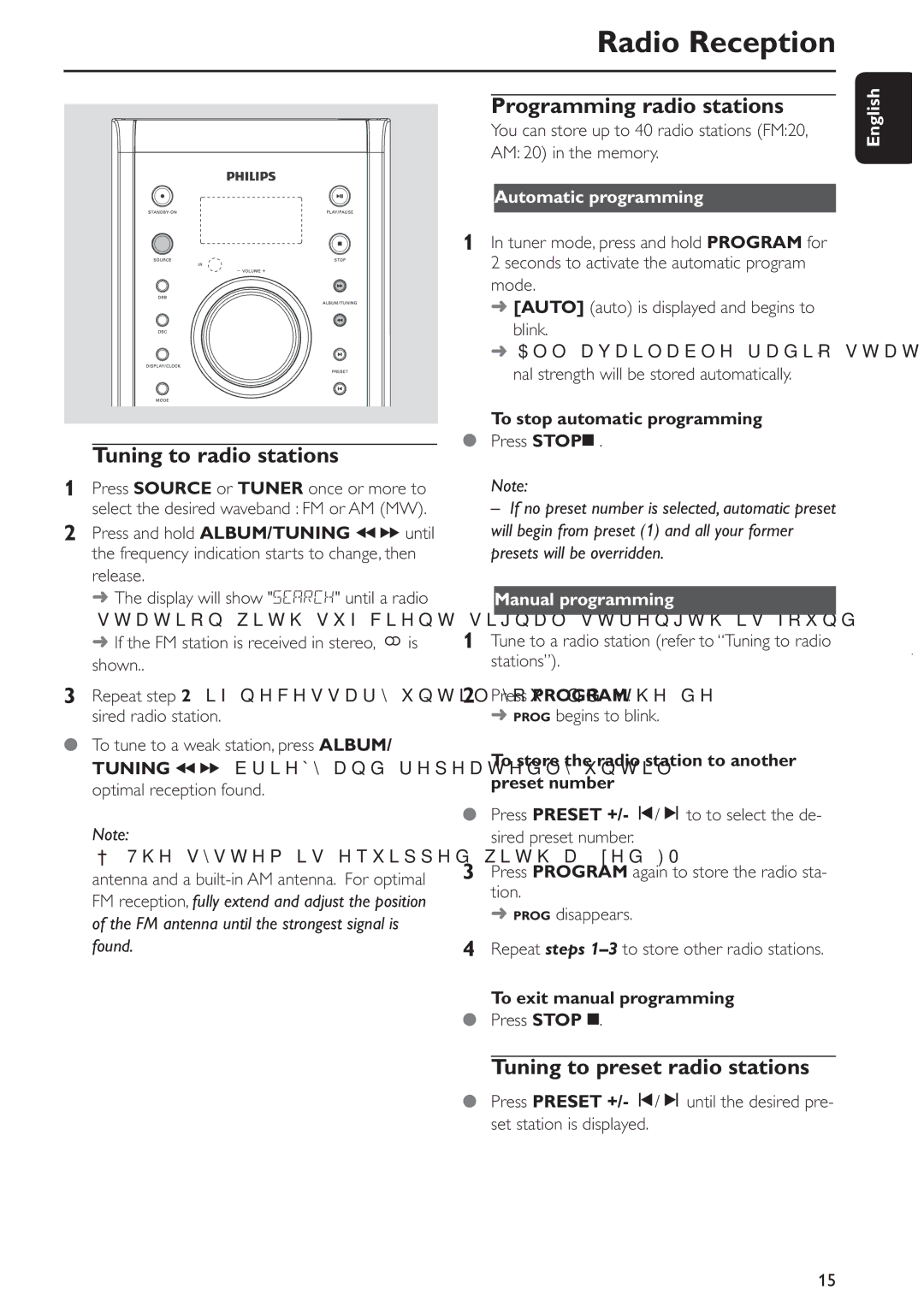 Philips MCM285 Radio Reception, Tuning to radio stations, Programming radio stations, Tuning to preset radio stations 