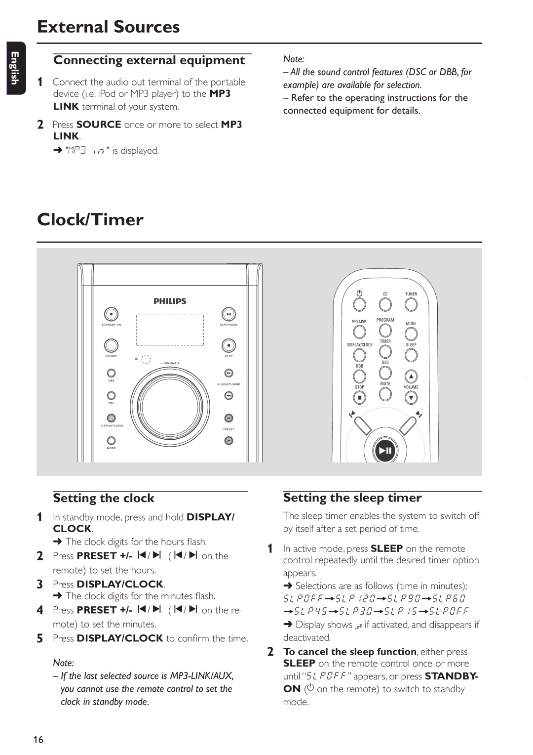 Philips MCM285 External Sources, Clock/Timer, Connecting external equipment, Setting the clock, Setting the sleep timer 