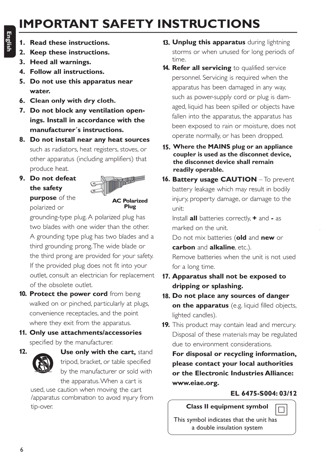 Philips MCM285 user manual Important Safety Instructions 