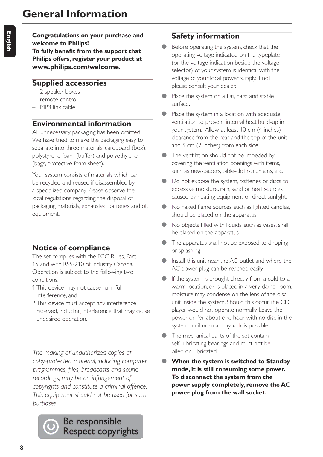 Philips MCM285 user manual General Information, Supplied accessories, Environmental information, Safety information 