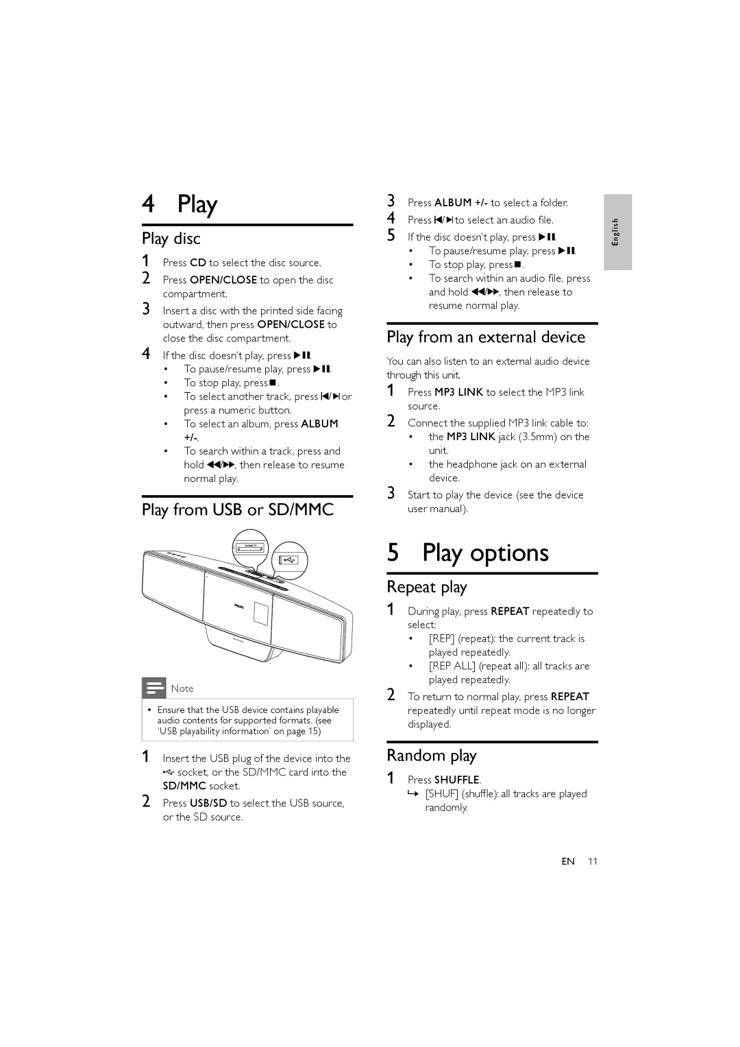 Philips MCM330 user manual Play options 